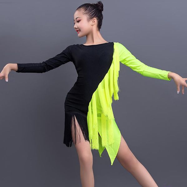 

new latin dance dress fluorescent green fringe dress girls dancing clothes children's competition costume kids stage 3473, Black;red