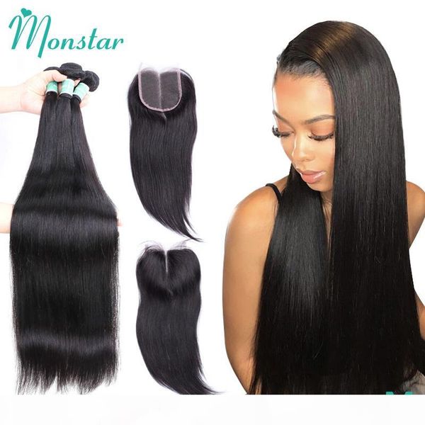

monstar 30 32 34 36 38 40 inch brazilian hair weave bundles with closure straight hair bundles with closure human hair extension, Black;brown