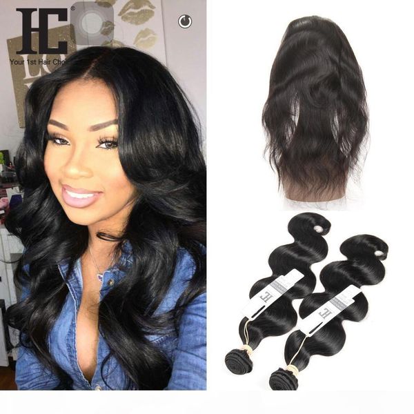 

hc hair 360 lace frontal with bundles brazilian human hair 2 bundles with frontal closure brazilian body wave virgin hair, Black;brown