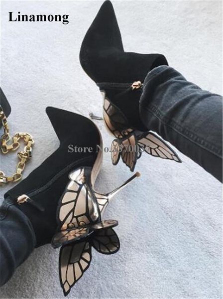 

selling women charming flock back gold metallic 3d butterfly embellished short boots pointed toe suede leather ankle booties1, Black
