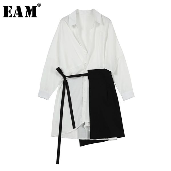 

[eam] 2020 new spring autumn lapel long sleeve white loose bandage split joint two piece shirt dress women fashion tide lj200814, Black;pink