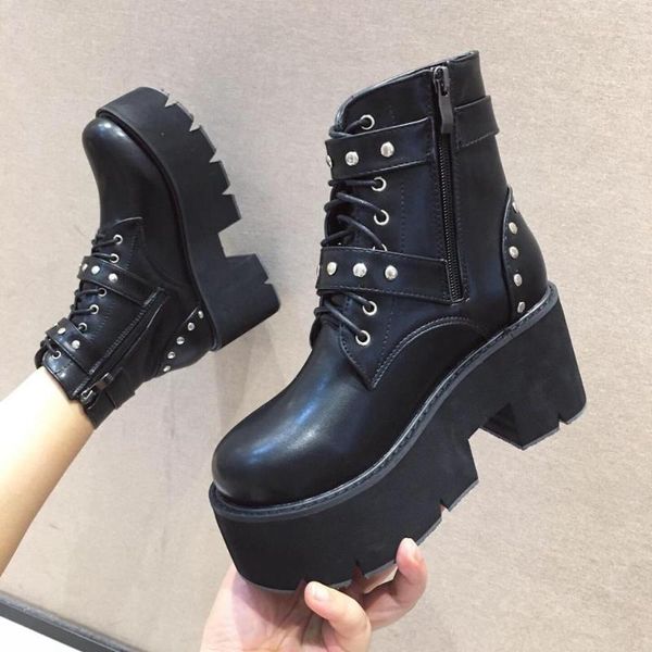 

boussac black punk lace up platform boots women round toe rivets buckle ankle boots for women goth
