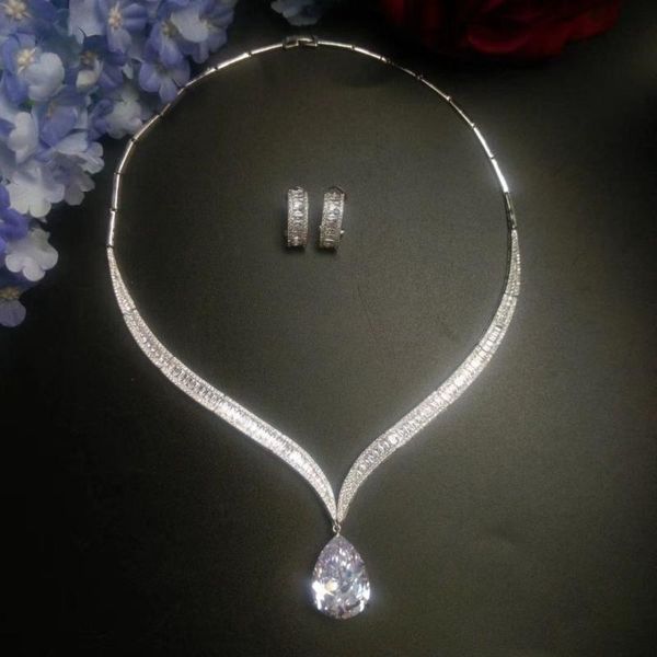 

brand new big water drop zirconia white stone earrings necklaces bridal wedding jewelry sets for women fashion, Silver