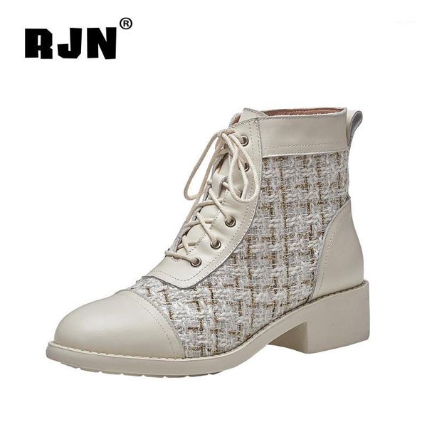 

rjn new stylish ankle boots lace-up genuine leather handmade boots comfortable round toe mid-heel shoes women ro3321, Black