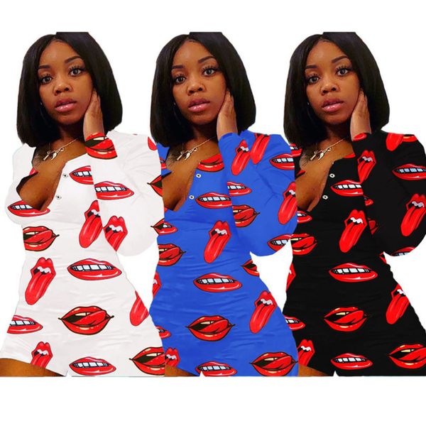 

women jumpsuit fashion lips pattern long sleeve rompers shorts valentines day onesies night club deep v-neck one piece bodysuit h12106, White