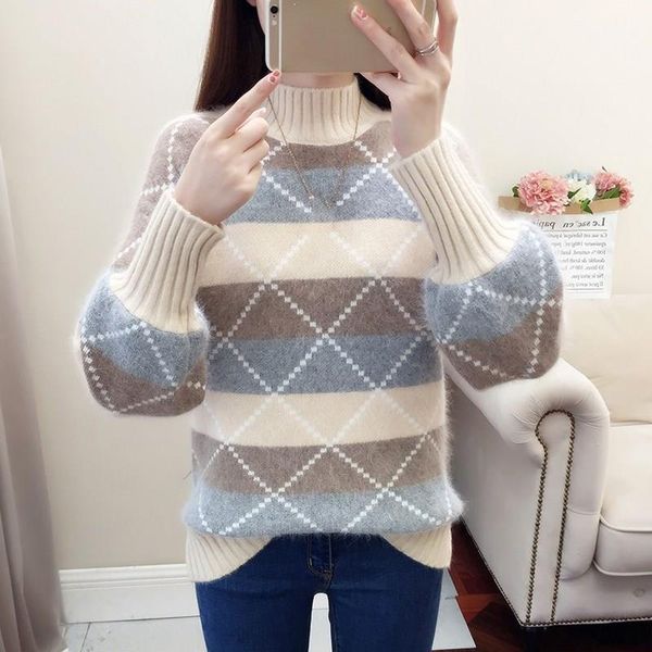 

half-turtleneck plaid sweaters thick contrast knitted pullover pullovers winter long sleeve soft warm jumper women sweater1, White;black