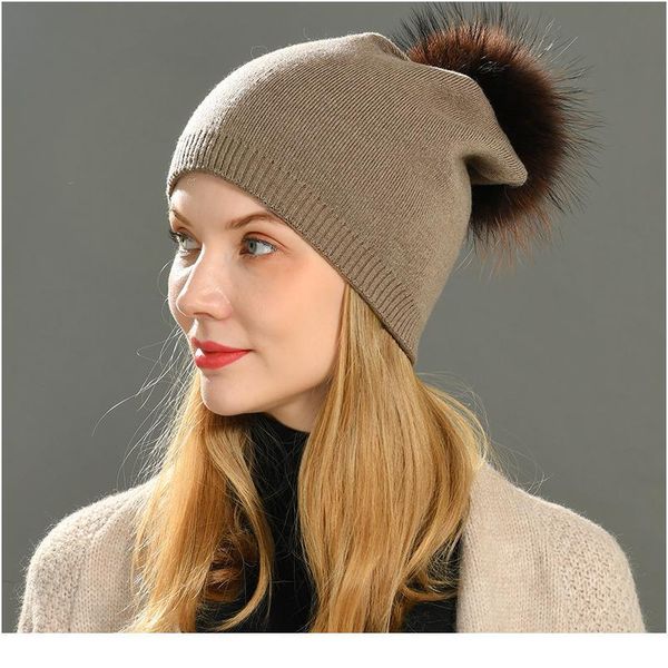 

wholesale real raccoon fur pom pom knitted hat women beanies cashmere winter hat female girl cotton skullies wool be qylnnn, White