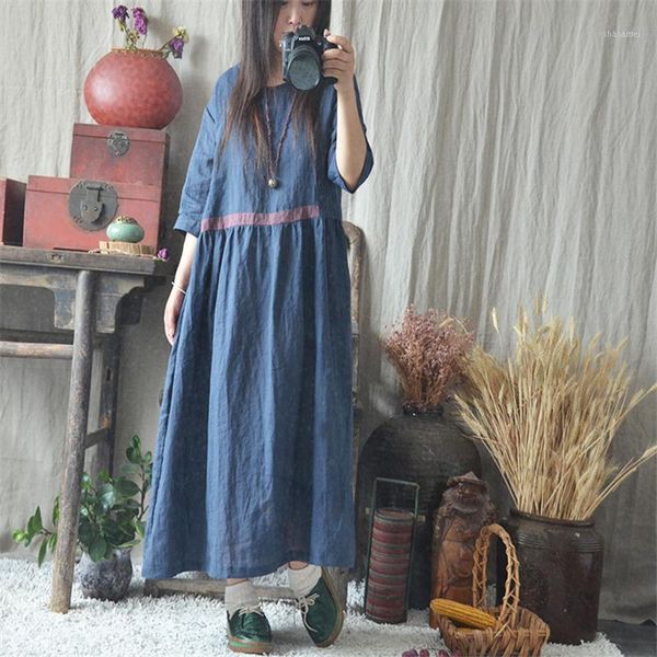 

johnature ramie summer dresses for women solid color o-neck seven sleeve 2020 new loose vintage female dresses1, Black;gray