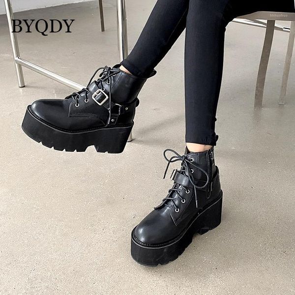 

boots byqdy round toe platform ankle for woman square high heel motorcycle shoes lace-up zipper punk female short 35-391, Black