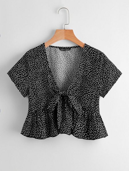 

tie front ruffle hem polka dot j1ke#, White