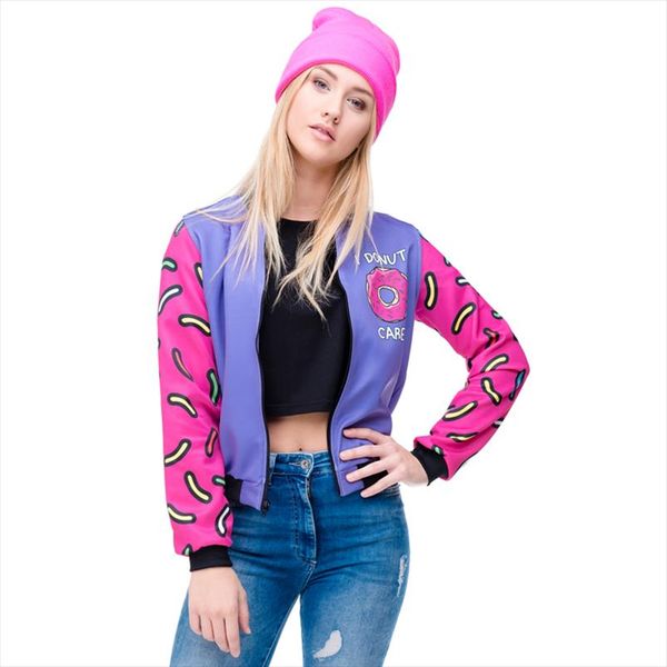 

fall winter 3d printed donuts womens bomber jacket outwear full sleeve short paragraph coats fashion jackets, Black;brown