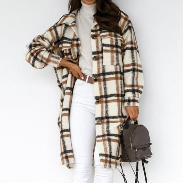 

2020 winter checked women jacket down overcoat warm plaid long coat oversize thick woolen blends retro female streetwear1, Black