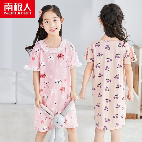 

nanjiren nightdress children lace modal pajamas girl night dresses kids pajamas dresses for girl print fit 4-18 years old child y200704, Blue;red