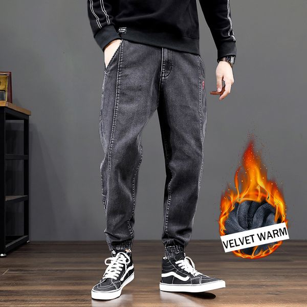 

2021 new newly fashion winter warm jeans men loose fit thick velvet denim cargo pants spliced designer wide leg trousers hip hop joggers ofj, Blue