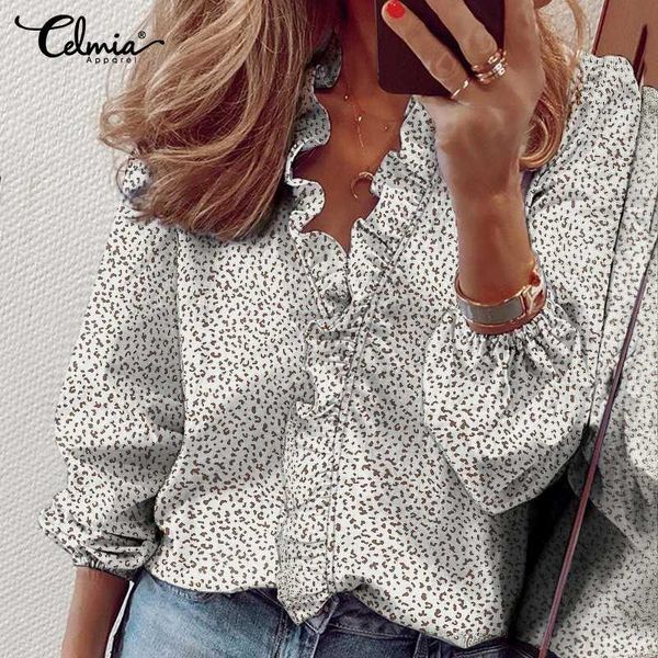 

women's blouses & shirts celmia women ruffles elegant printed lady 2021 fashion v-neck long sleeve party female clothes 5xl, White
