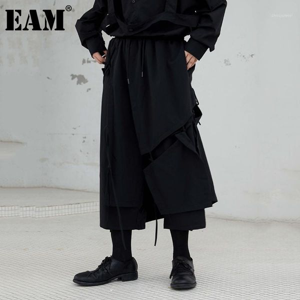 

eam] high elastic waist black brief long wide leg trousers new loose fit pants women fashion tide spring autumn 2020 1db0431, Black;white