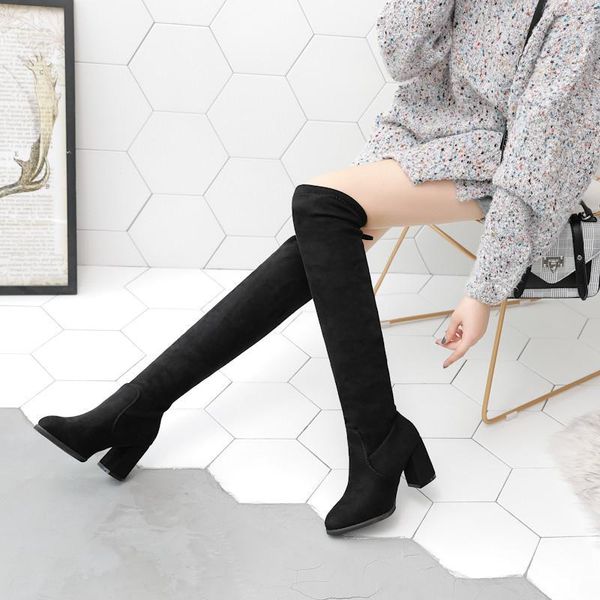 

boots 2021 black women's autumn winter plus velvet over the knee high heels comfort thick heel elastic band female1