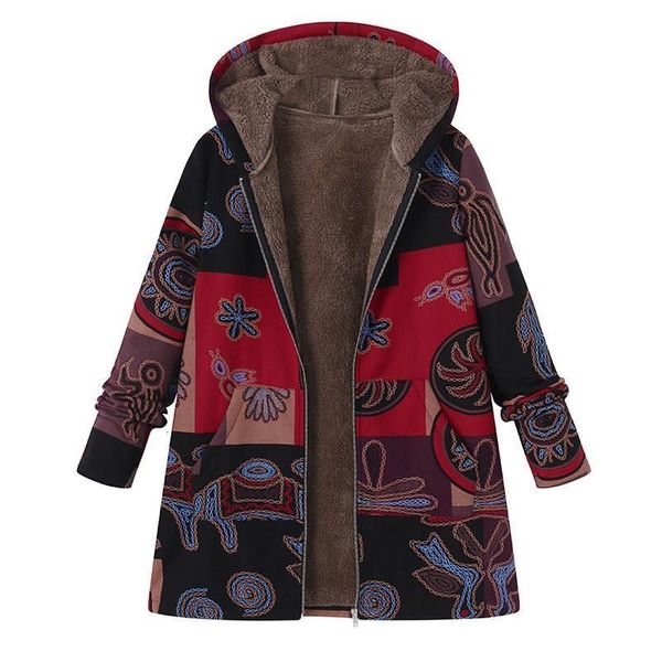 

zanzea 2020 casual fashion winter hooded long sleeve fluffy warm coat women plus size  5xl retro ethnic printed fur outerwear, Black;brown