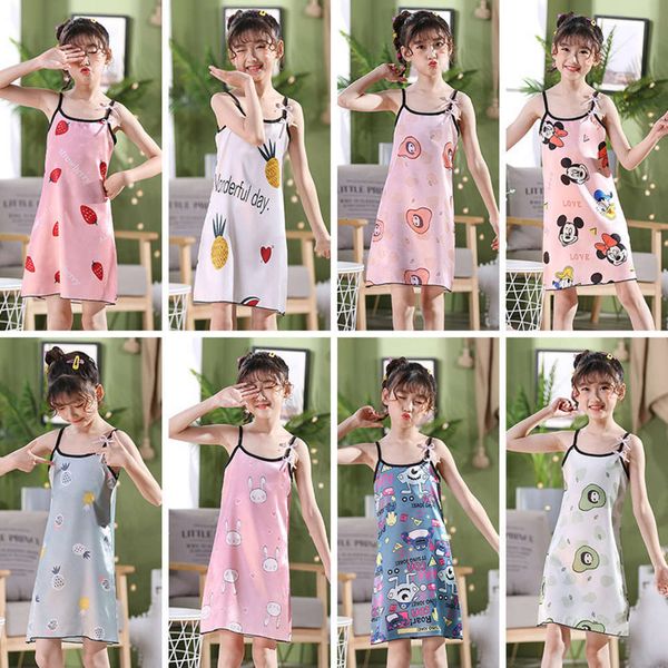 

silk suspender skirt cute cartoon girl's nightdrs sweet children's summer home cloth, Blue;red