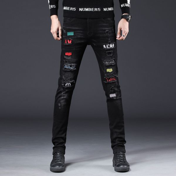 

2021 new men's male trousers crown personality jeans embroidery flower hole denim stretch chinese style winter retro pants 2022 e6h8, Blue