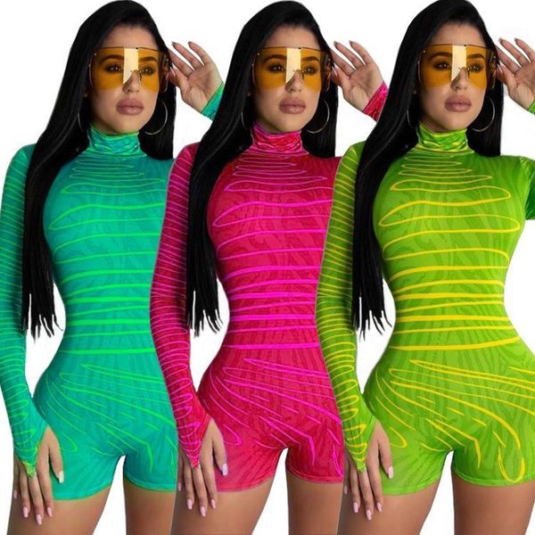 

hhdmv 2020 fashion new women holiday beach style jumpsuits long sleeve high collar printed 3 color jumpsuits short pants1, Black;white