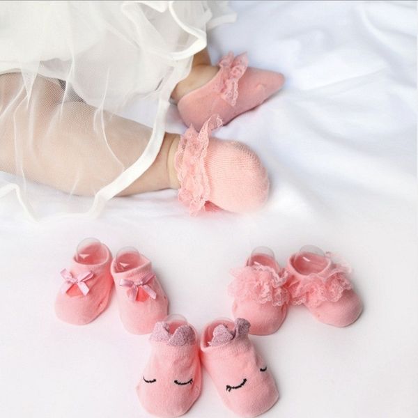 

3 pairs/lot lace flower newborn baby socks cotton anti-slip 0-12 months kids floor socks bow baby girl socks summer autumn y201009, Pink;yellow