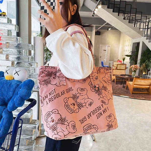 Сумка для покупок, женская ребра бархат, японский опрятный стиль большой сумка, мультфильм медведь печать ремень сумка, школьная сумка для женских студентов, 220310