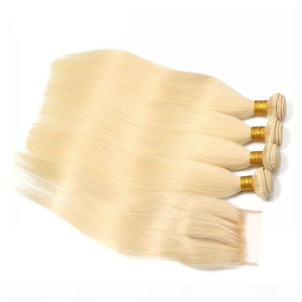 

virgin brazilian blonde human hair 4pcs bundle deals with closure straight #613 blonde human hair bundles with lace closure 4x4, Black