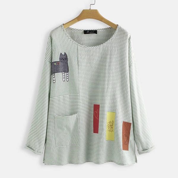 

2020 summer striped patchwork blouse zanzea vintage cartoon printed shirts women casual long sleeve tunic female blusas1, White