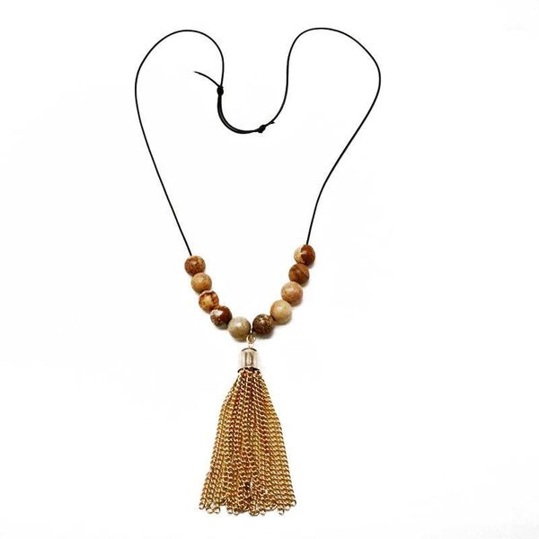 

brown stones tassel charin pendant adjusted necklace1, Silver