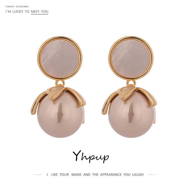

yhpup korean style imitation pearls drop earrings for women fashion natural shell geometric copper earrings party gift 2020, Silver