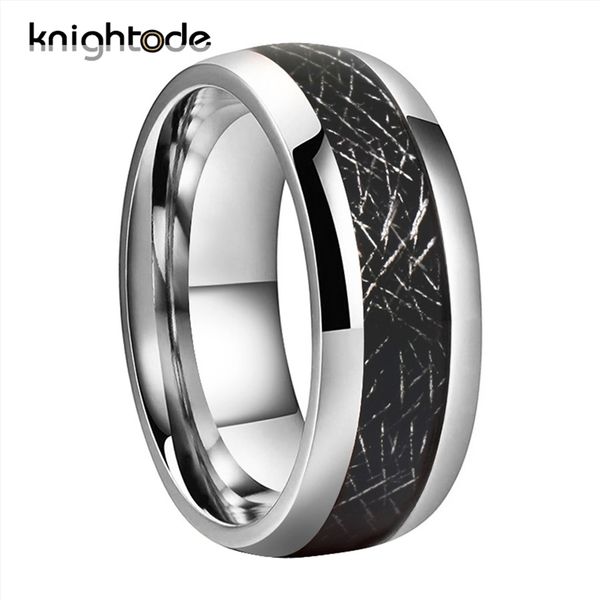 

6mm 8mm high polishing tungsten carbide ring black meteorite inlay for lovers engagement ring dome band comfort fit 201218, Silver