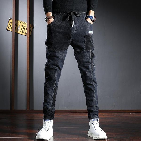 

fashion streetwear men jeans vintage retro elastic corduroy spliced designer denim harem trousers patchwork hip hop pencil pants, Blue