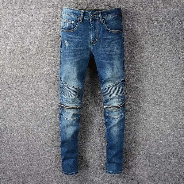 

fashion streetwear men jeans elastic slim fit retro blue spliced designer denim punk trousers hip hop biker pants1
