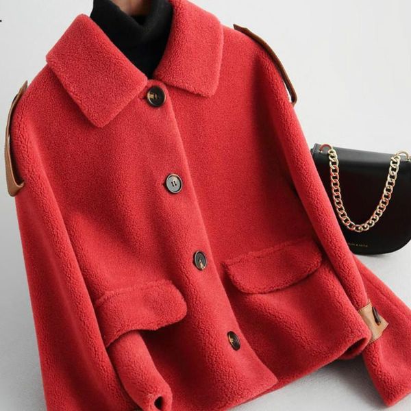 

women's fur & faux women 2021 warm granular real coat female natural sheep sheared jacket lady casual loose genuine lamb wool outerwear, Black