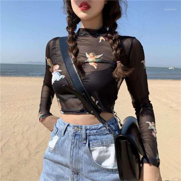 

women's blouses & shirts angel print sheer blue black mesh long sleeve blouse women summer autumn pullovers elegant see through 1, White