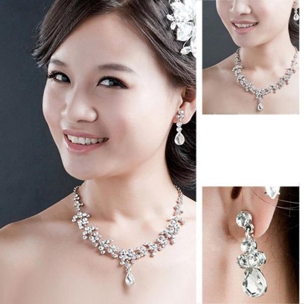

three-piece bridal jewelry set crown necklace earrings fashion crystal wedding women tiara jewelry accessories, Silver