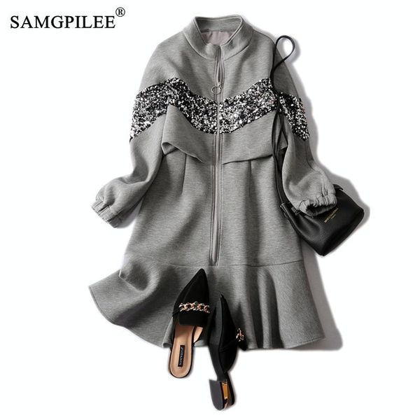 

dresses for women 2020 casual dress korean style trumpet mermaid solid full sleeve appliques o-neck plus size dresses womens 4xl, Black;gray