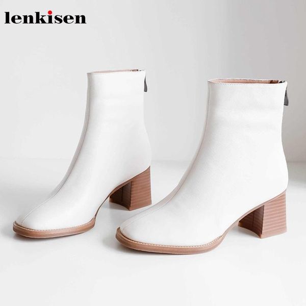 

lenkisen classic basic genuine leather high heels round toe solid zip chunky office lady dress winter warm women ankle boots l13, Black