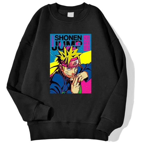 

naruto uzumaki cartoon printed hoodie men japan anime sweatshirt fleece pockets streetwear crewneck pullover clothes, Black