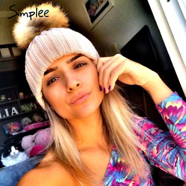 

beanie/skull caps simplee removable real fur pompon bobble hats for women skullies beanies warm stocking hat 2021 autumn cap winter female, Blue;gray