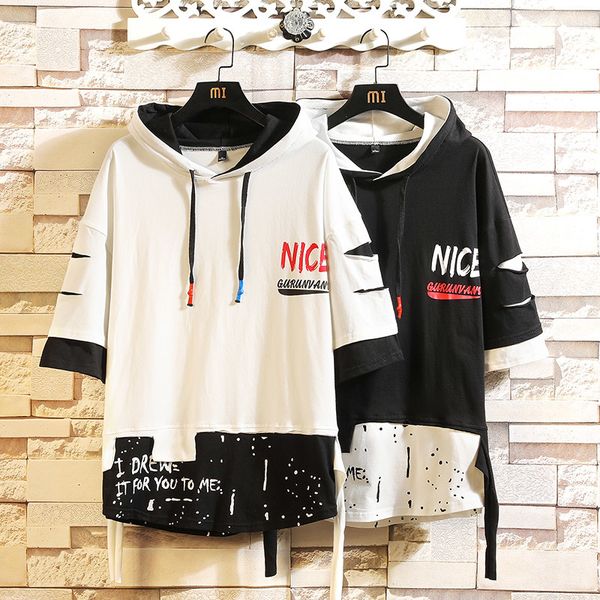

short black hooded sweatshirt, 2020's summer, hip hop, punk, sweater, casual streetwear, male fashion.