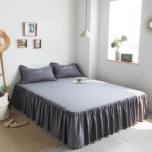 

solid color grey white 100% washed cotton soft bed sheet set 3 piece shabby ruffled rubber bedskirt with pillow shams