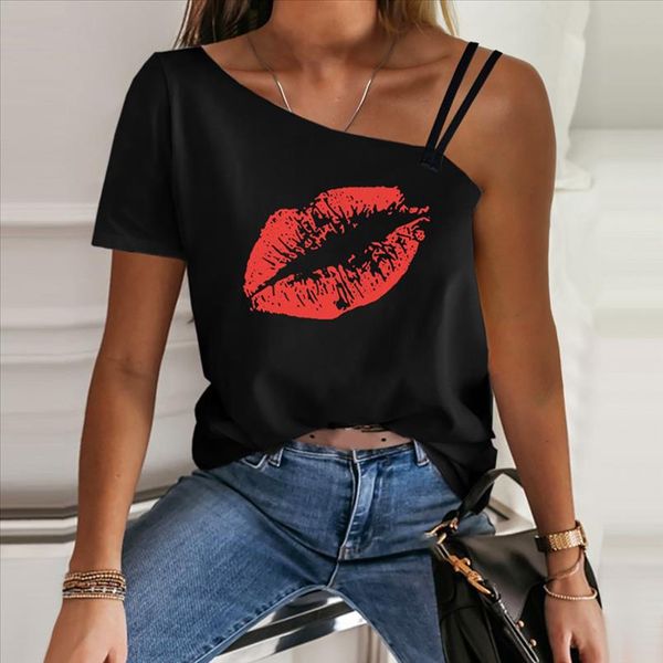 

30 t shirt women summer casual mouth printing t shirt cold shoulder short sleeve tshirt tunic ladies, White
