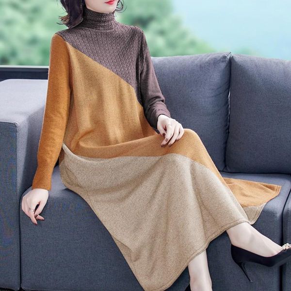 

2021 new autumn plus size knitted sweater maxi dress elegant vintage women dresses winter casual turtleneck bodycon wool sweater, White;black