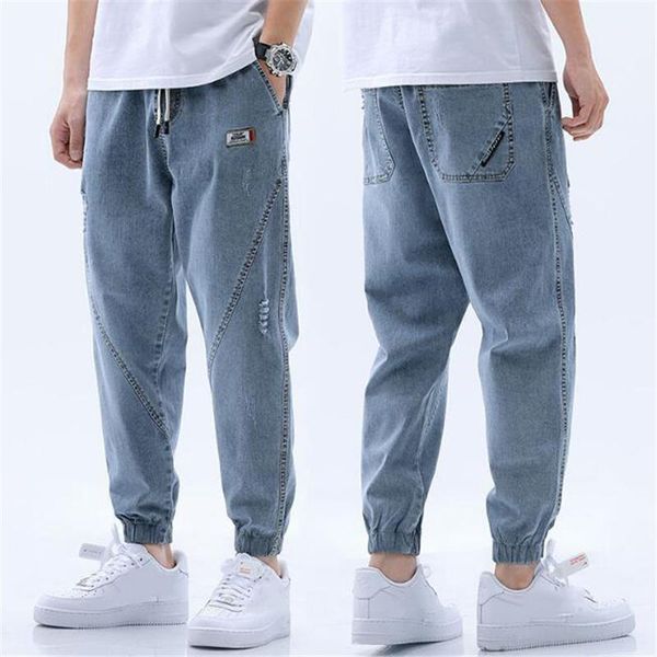 

2020 new men's loose harem pants autumn washed denim jeans street style elastic waist comfort long pants pantalon sarouel homme1, Blue