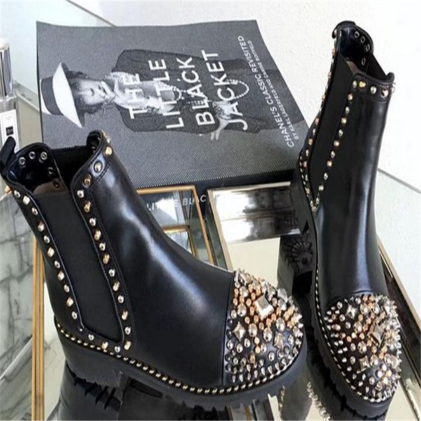 

luxury fashion designer ankle martin boots women rivets red bottom shors square heel platform knight motorcycle cow leather boots sz 35-40, Black