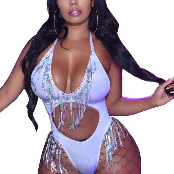 

white cropped bodysuit women halter silver sequins tassel fringes backless jumpsuits night club party low cut playsuits, Black;white
