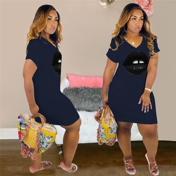 

designer woman lips dresses casual style slim short sleeve v neck dresses womens spring summer fashion clothing, Black;gray