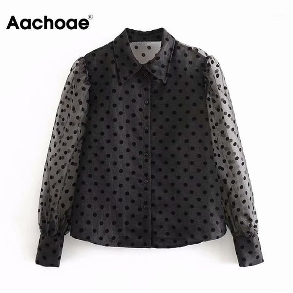 

women fashion polka dot organza blouse transparent long sleeve casual bouses female turn down collar chic shirt 20201, White